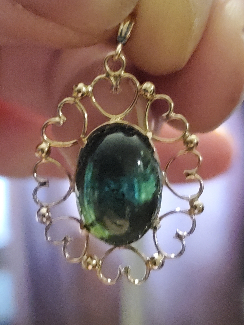 14k solid gold Green to Blue Tourmaline 3.5 Carets Cabachion Pendent